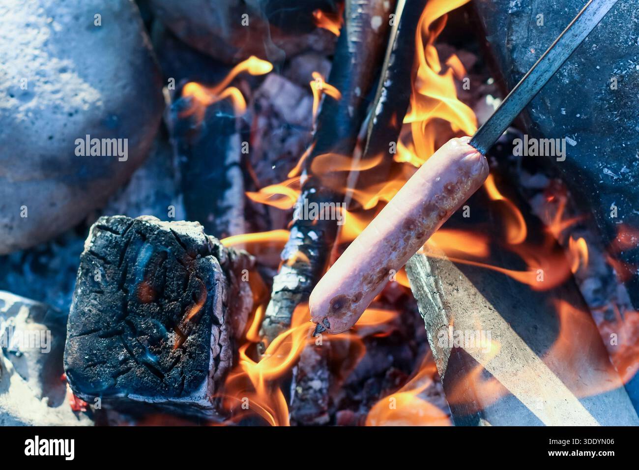 Salsiccia hot dog sullo spiedino circondata da intense fiamme arancioni e tronchi in fiamme Foto Stock