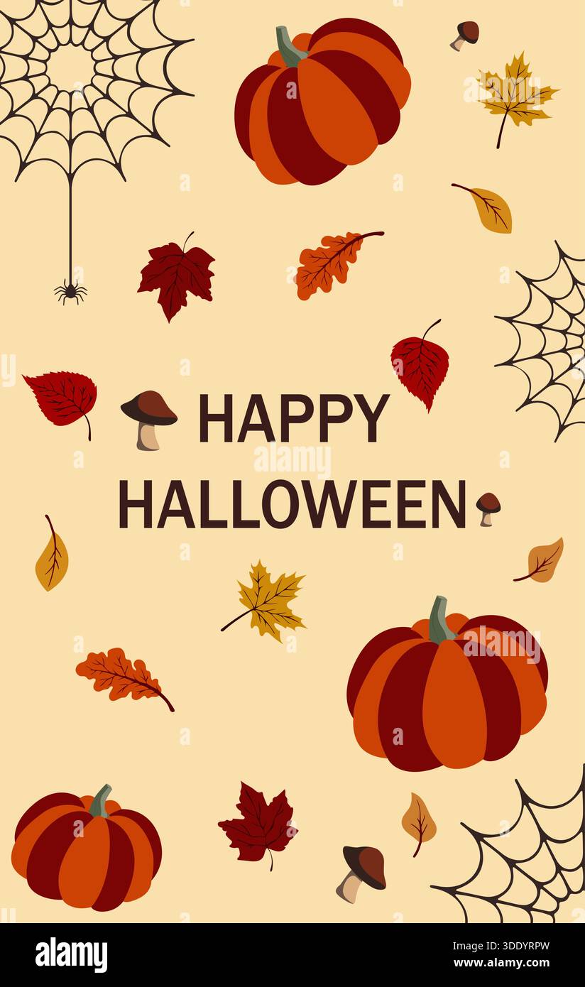 Un biglietto d'auguri vettoriale verticale o striscione con testo "buon Halloween", circondato da elementi autunnali: Zucche, foglie colorate, ragnatele con ragni, Illustrazione Vettoriale