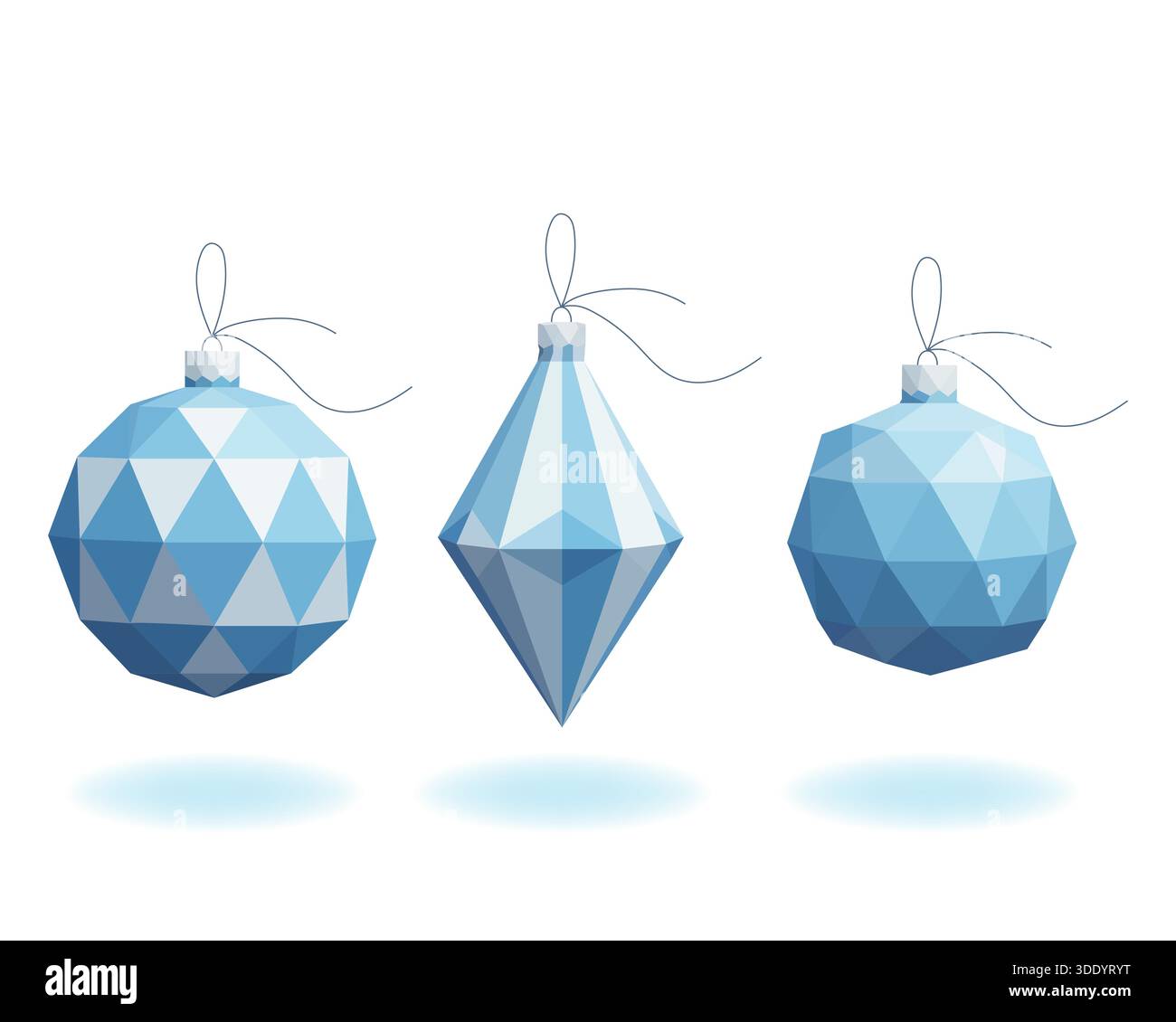 Un'illustrazione vettoriale con tre ornamenti poligonali blu e bianchi per alberi di Natale in basso stile poli: Due sfere e una forma a diamante, fusione su Illustrazione Vettoriale