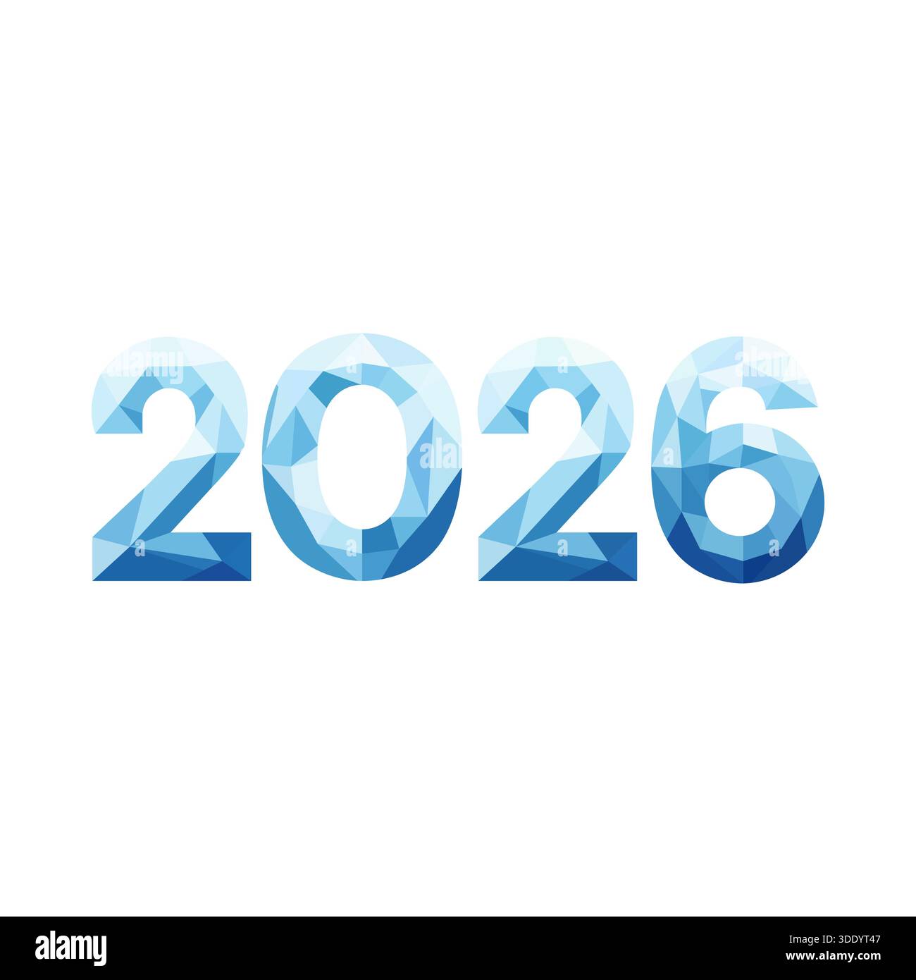 Un design geometrico e basso-poly del numero 2026 in sfumature di blu e bianco, che crea un effetto cristallo o ghiaccio Illustrazione Vettoriale