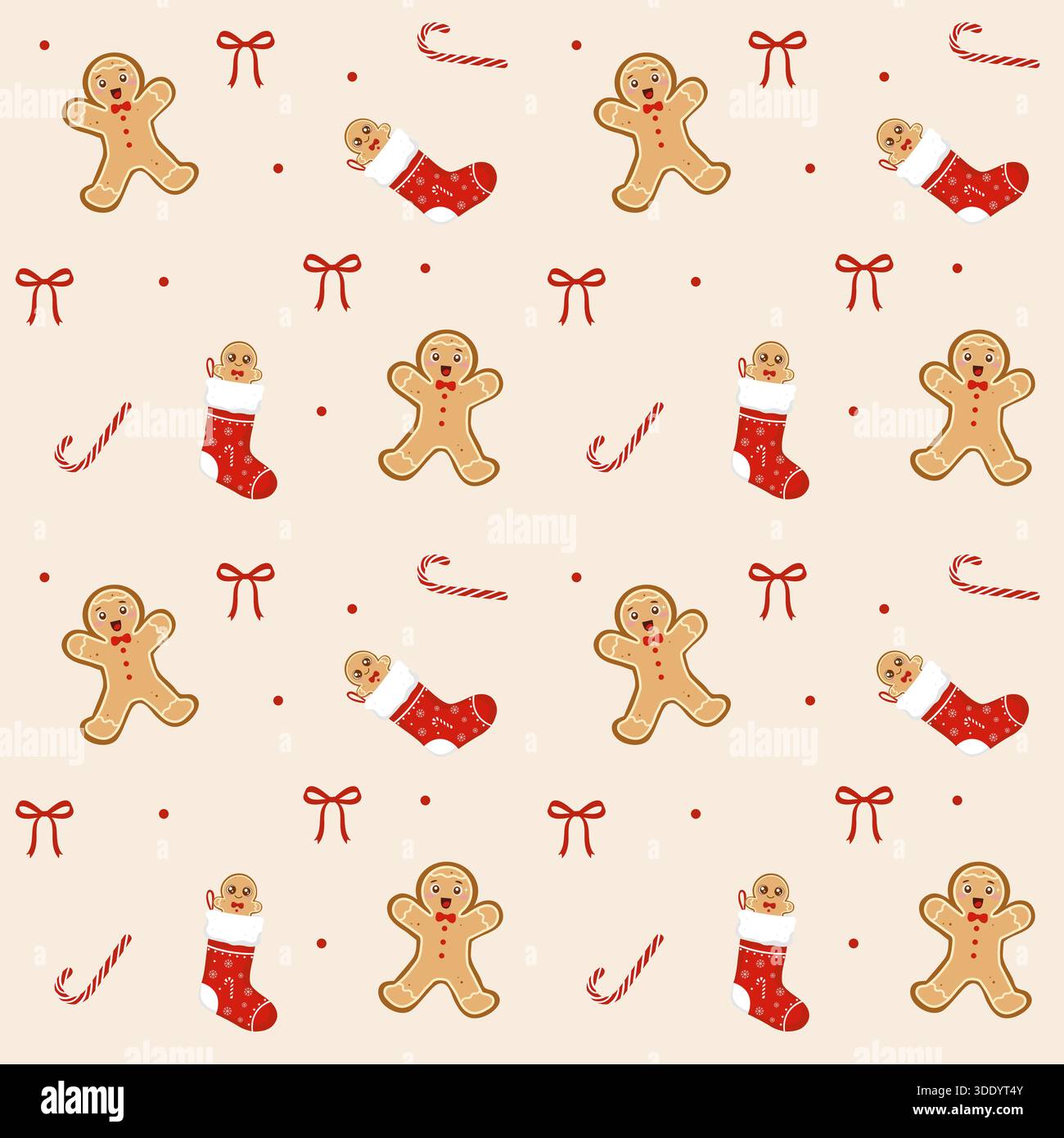 Sfondo natalizio con simpatici uomini di pan di zenzero, calze natalizie rosse piene di dolcetti, bastoncini di caramelle e fiocchi su una superficie color crema chiaro Illustrazione Vettoriale