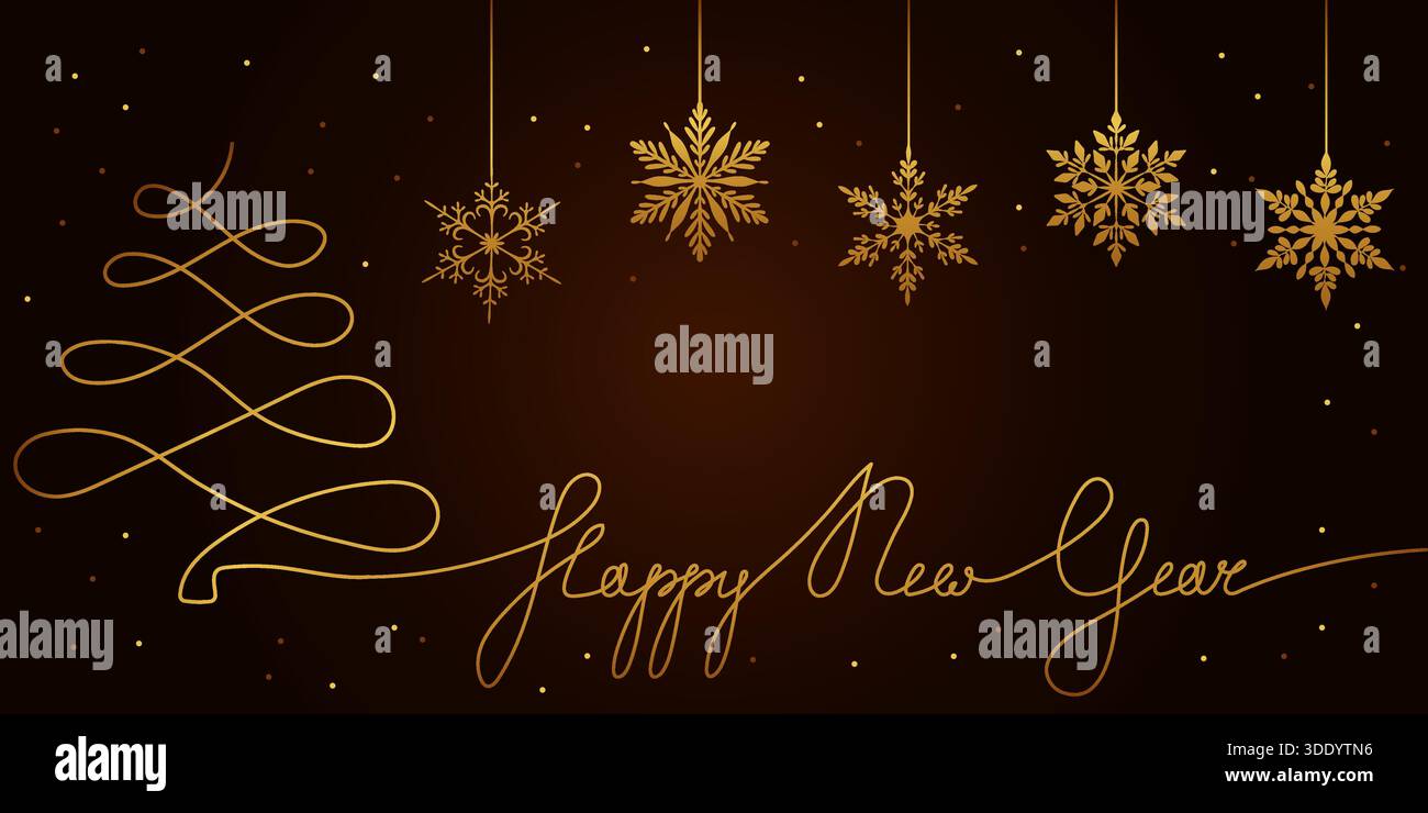 Un'illustrazione vettoriale di lusso con un albero di Natale dorato e una scritta Happy New Year, con cinque intricate nevi dorate Illustrazione Vettoriale