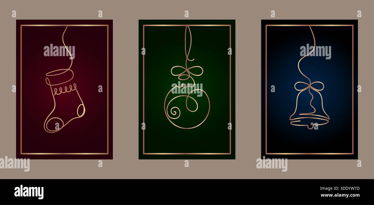 Un set moderno ed elegante di tre cartoline verticali per le vacanze con continue illustrazioni artistiche della linea d'oro di una calza, un ornamento e una campana natalizi Illustrazione Vettoriale