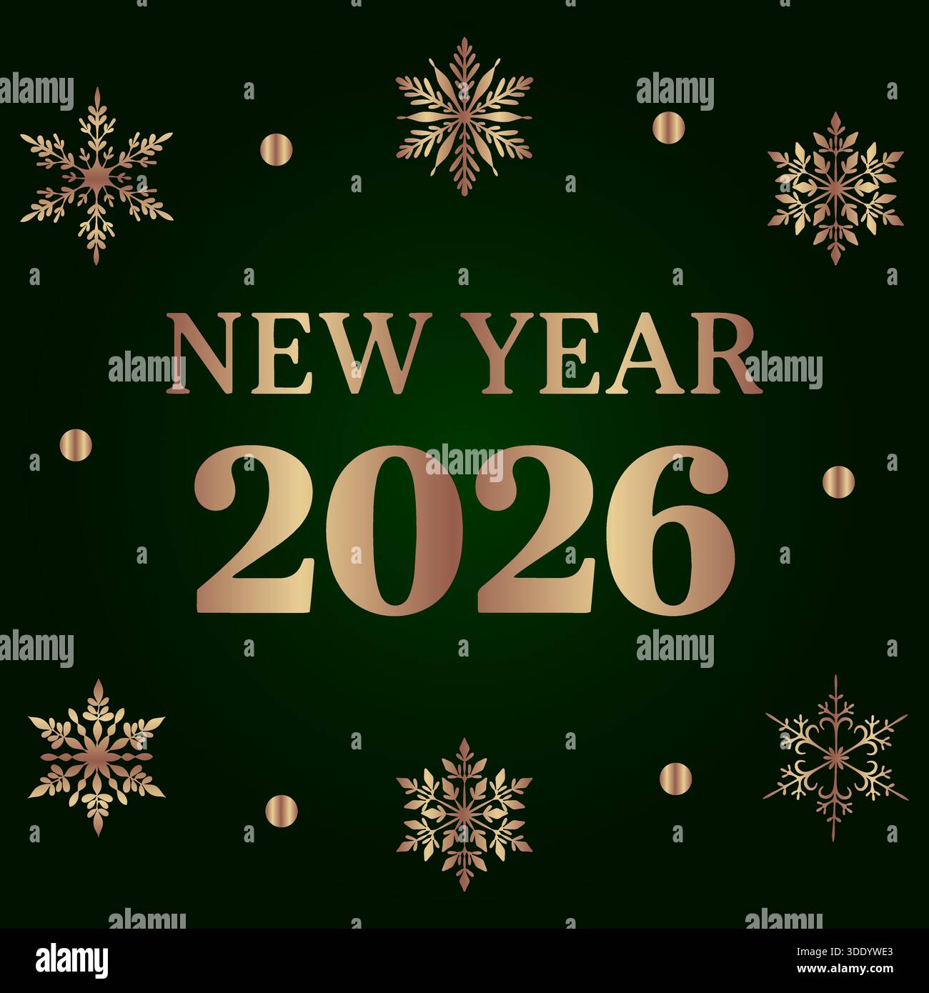 Un elegante design per Capodanno 2026 con lussuoso testo in oro rosa e intricati fiocchi di neve dorati su un ricco sfondo verde smeraldo. Illustrazione Vettoriale