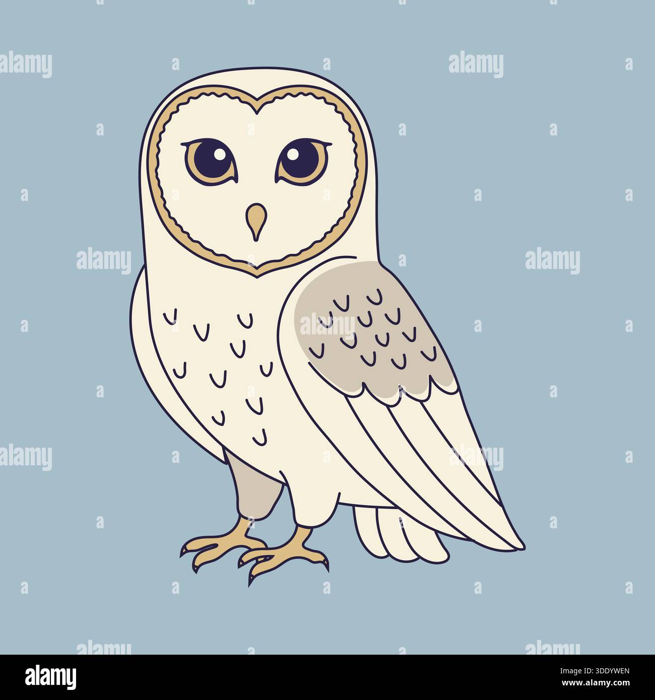 Illustrazione a cartoni animati dallo stile minimalista e piatto di un grazioso gufo fienile con un volto a forma di cuore e grandi occhi in piedi su un solido sfondo blu vec isolato Illustrazione Vettoriale