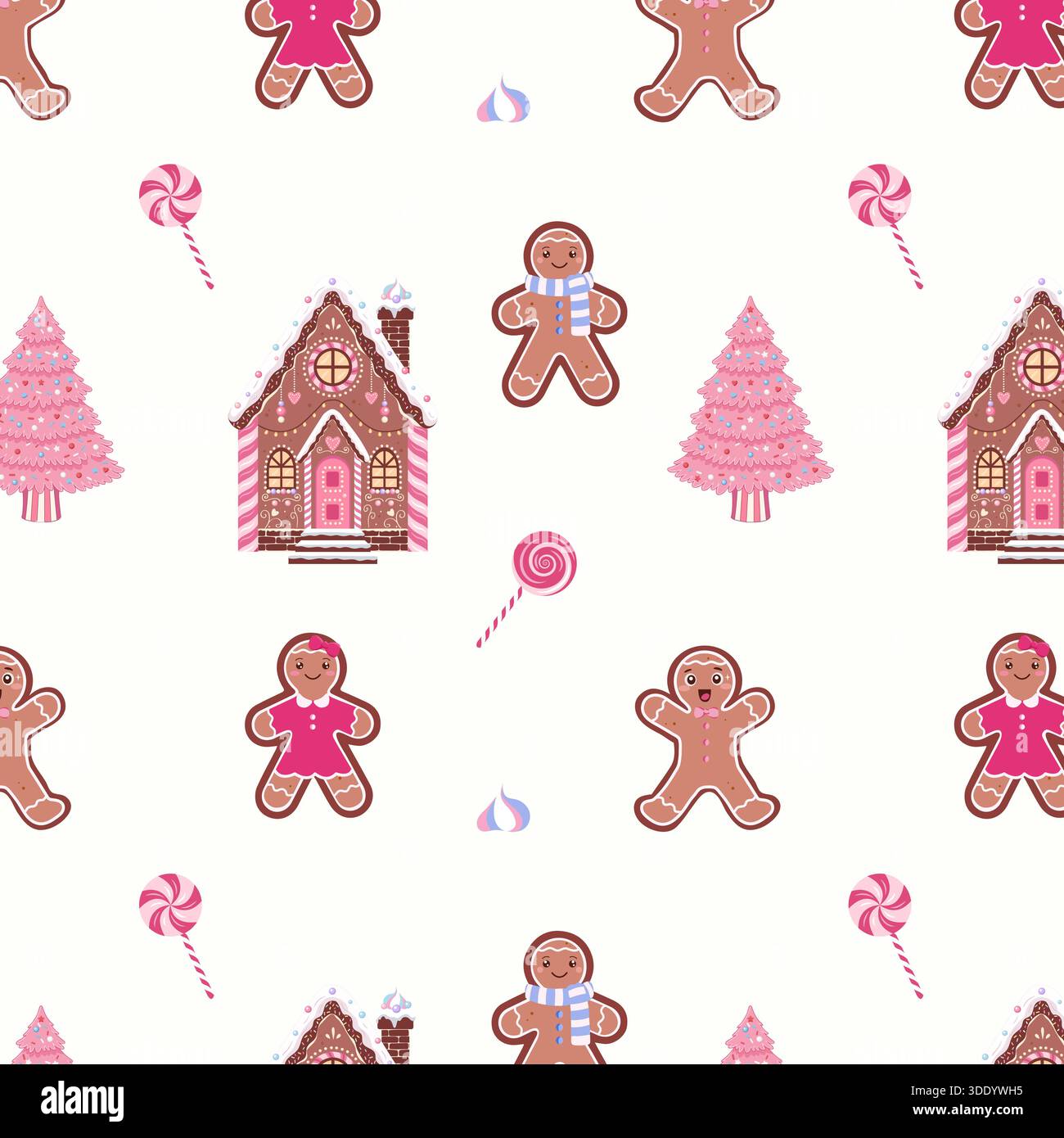 Un motivo dolce e giocoso senza cuciture con vari elementi natalizi rosa e pastello: Personaggi di pan di zenzero, alberi di Natale rosa, pan di zenzero Illustrazione Vettoriale