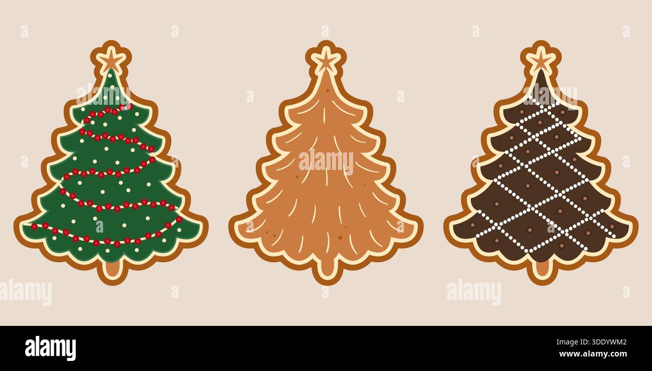 Un'illustrazione vettoriale festiva con tre biscotti di pan di zenzero a forma di albero di Natale, uno decorato con glassa verde e ghirlanda rossa, uno piano, un Illustrazione Vettoriale