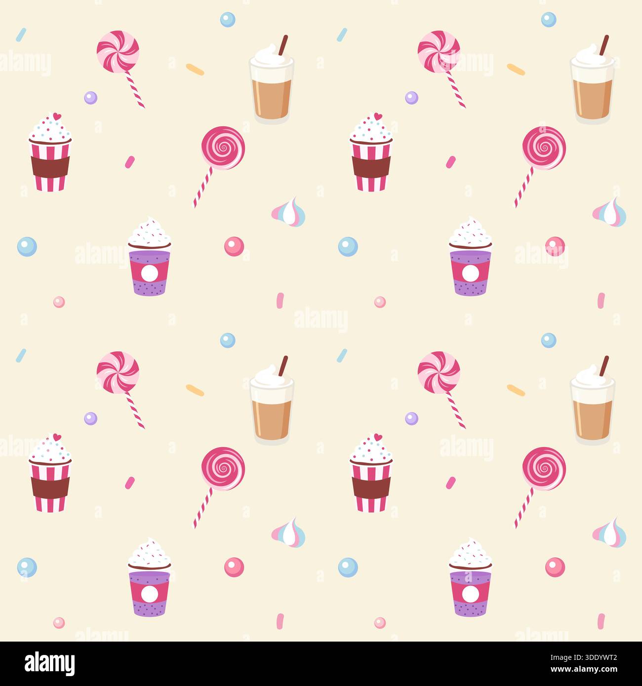 Un delizioso motivo vettoriale senza cuciture caratterizzato da lecca lecca sparsi color pastello, tazze di caffè o frullate con panna montata, meringhe e coriandoli Illustrazione Vettoriale