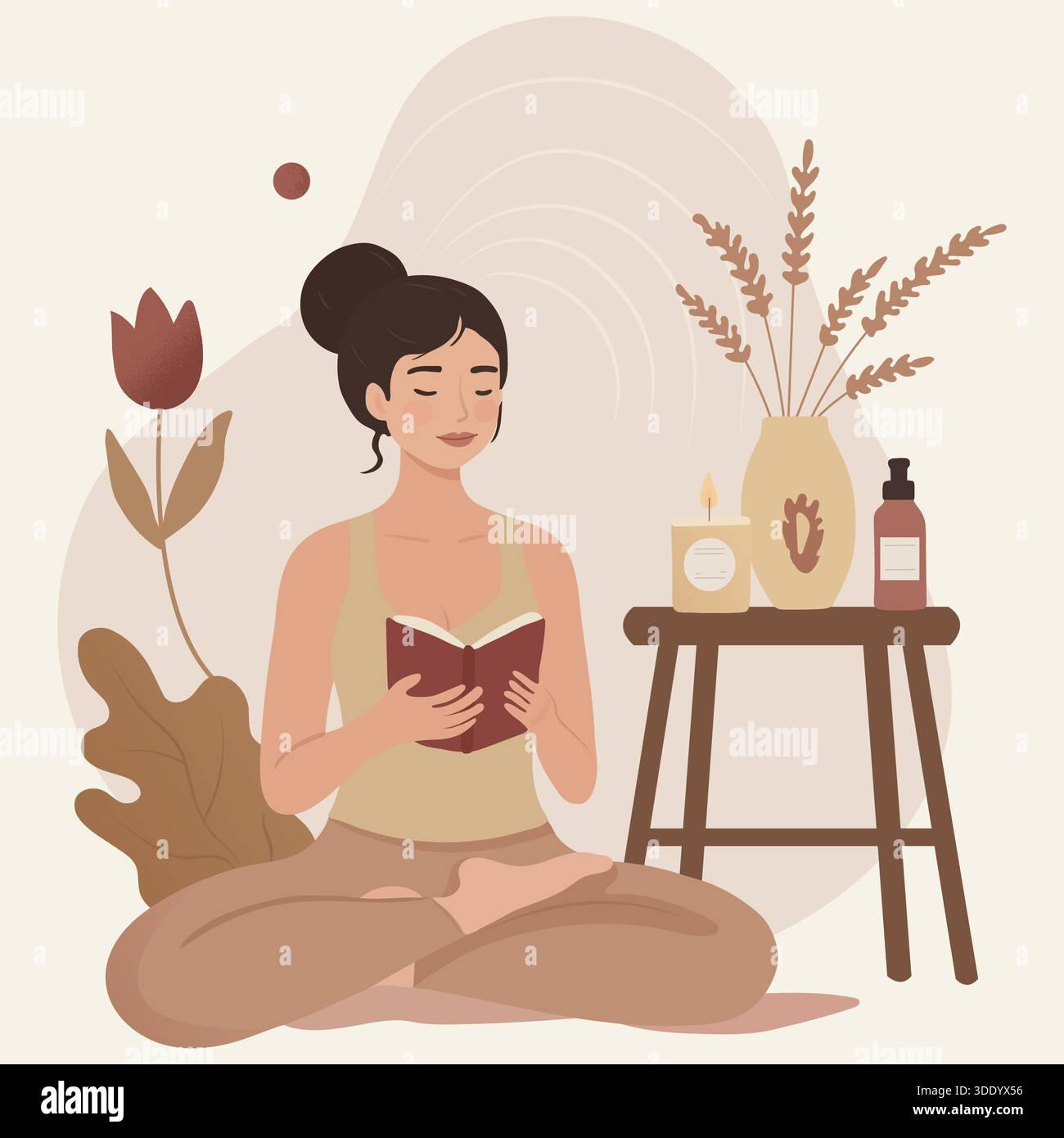 Un'illustrazione vettoriale piatta di una donna pacifica seduta in posa di loto mentre legge un libro. La scena presenta tonalità calde di terra, un'accogliente candela e. Illustrazione Vettoriale