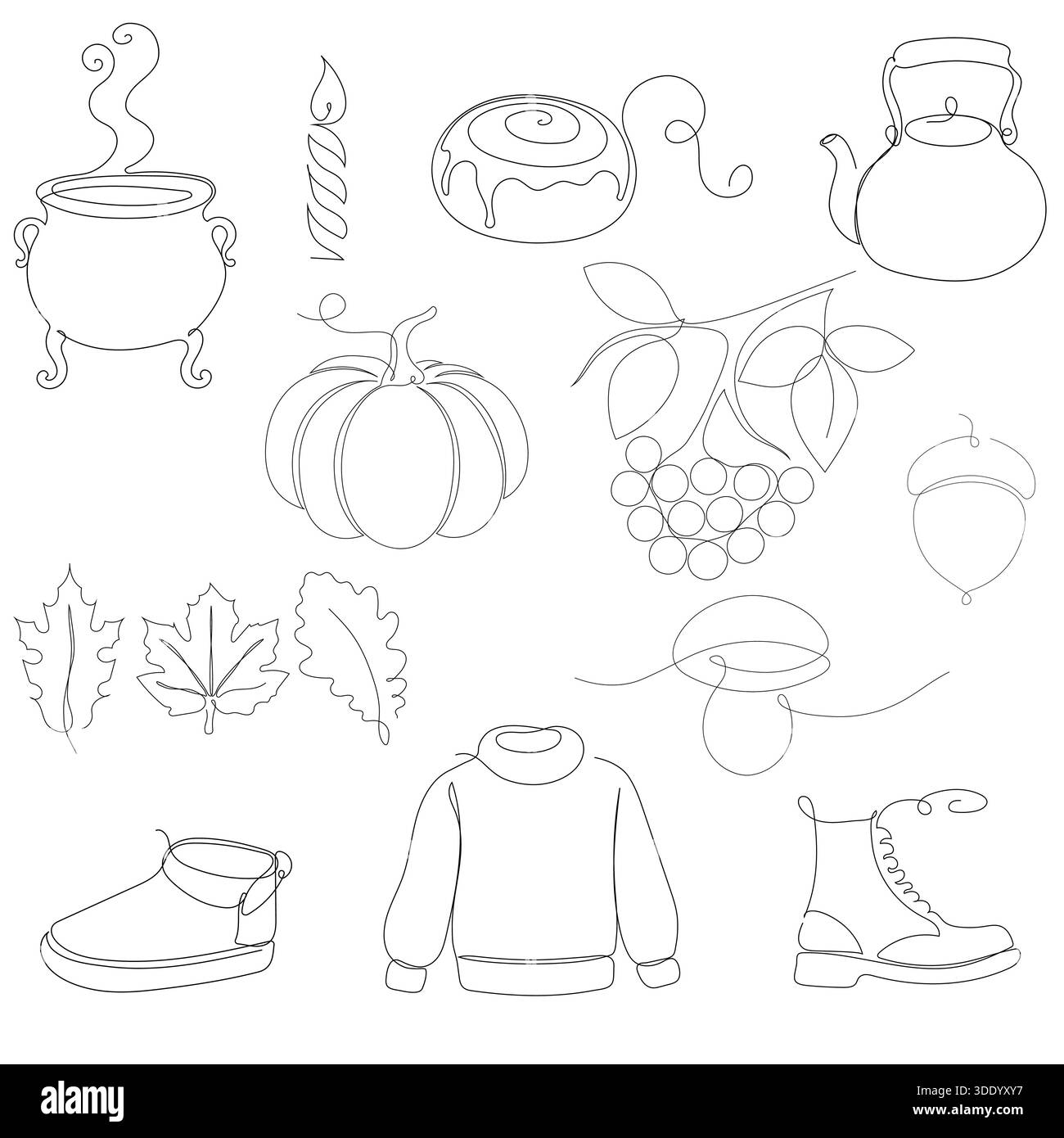 Un'affascinante serie di illustrazioni artistiche a linea singola con articoli accoglienti per l'autunno e l'autunno, Un pullover di zucca, stivali, calderoni, foglie, teiera e. Illustrazione Vettoriale