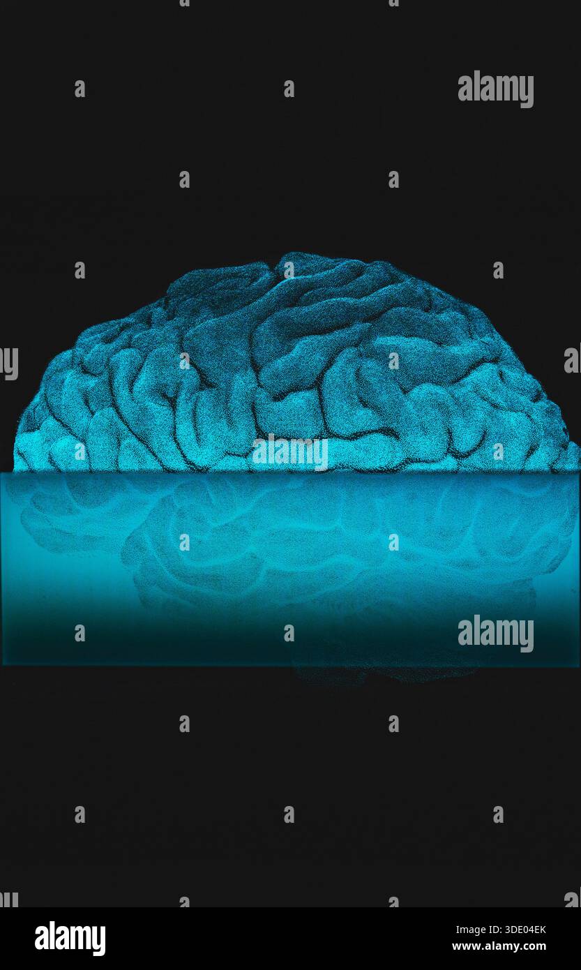La corteccia cerebrale blu viene scansionata da un fascio di luce blu. Il cervello umano viene studiato in un ambiente sanitario... Foto Stock
