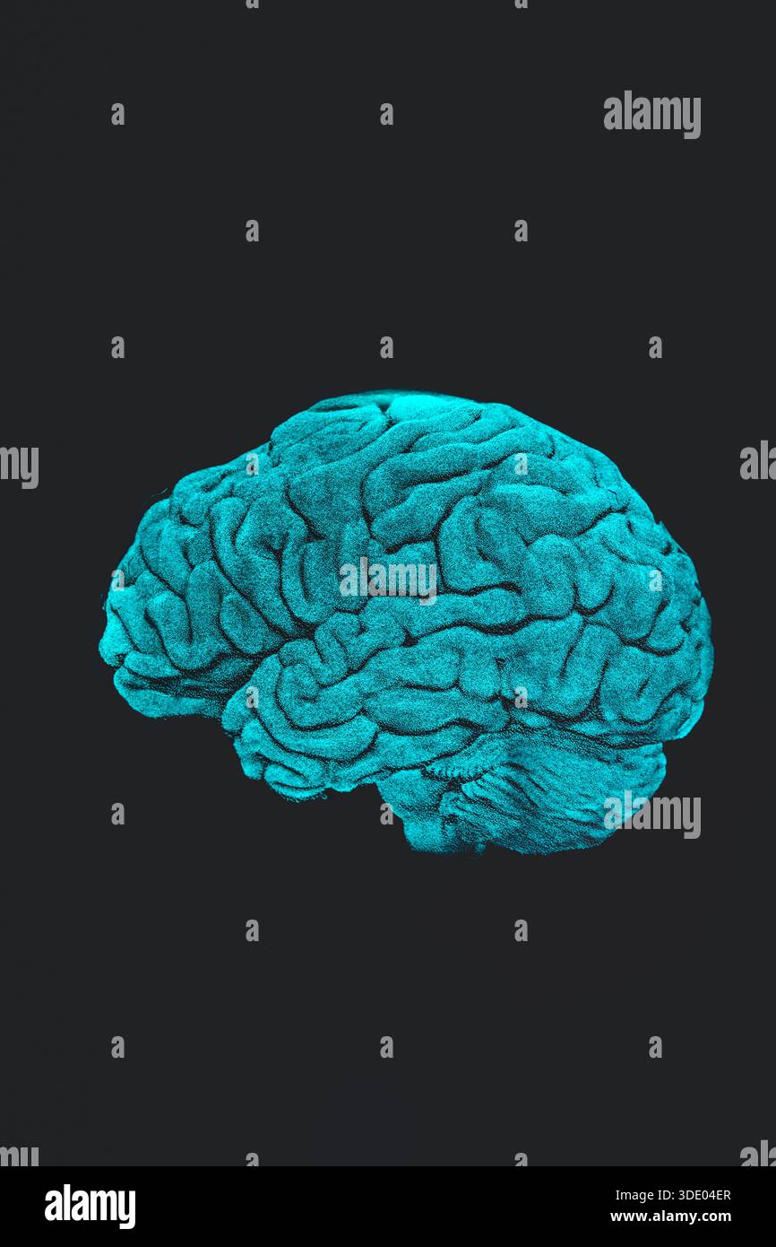 Corteccia cerebrale blu sospesa su uno sfondo nero profondo. Intelligenza artificiale e concetto di rete neurale. Foto Stock