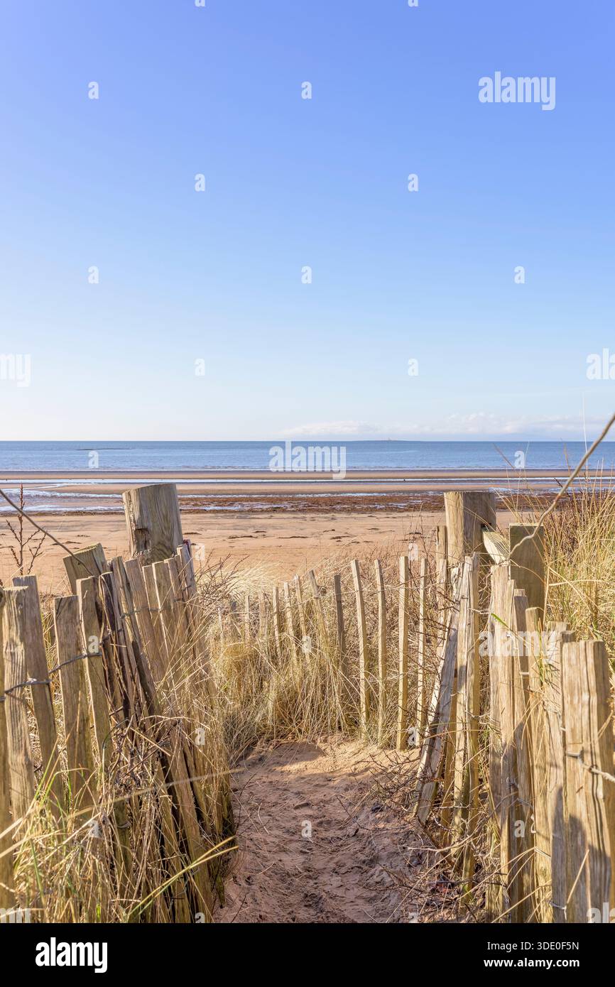 Percorso che conduce a una spiaggia sabbiosa sotto un cielo azzurro e limpido, Regno Unito Foto Stock