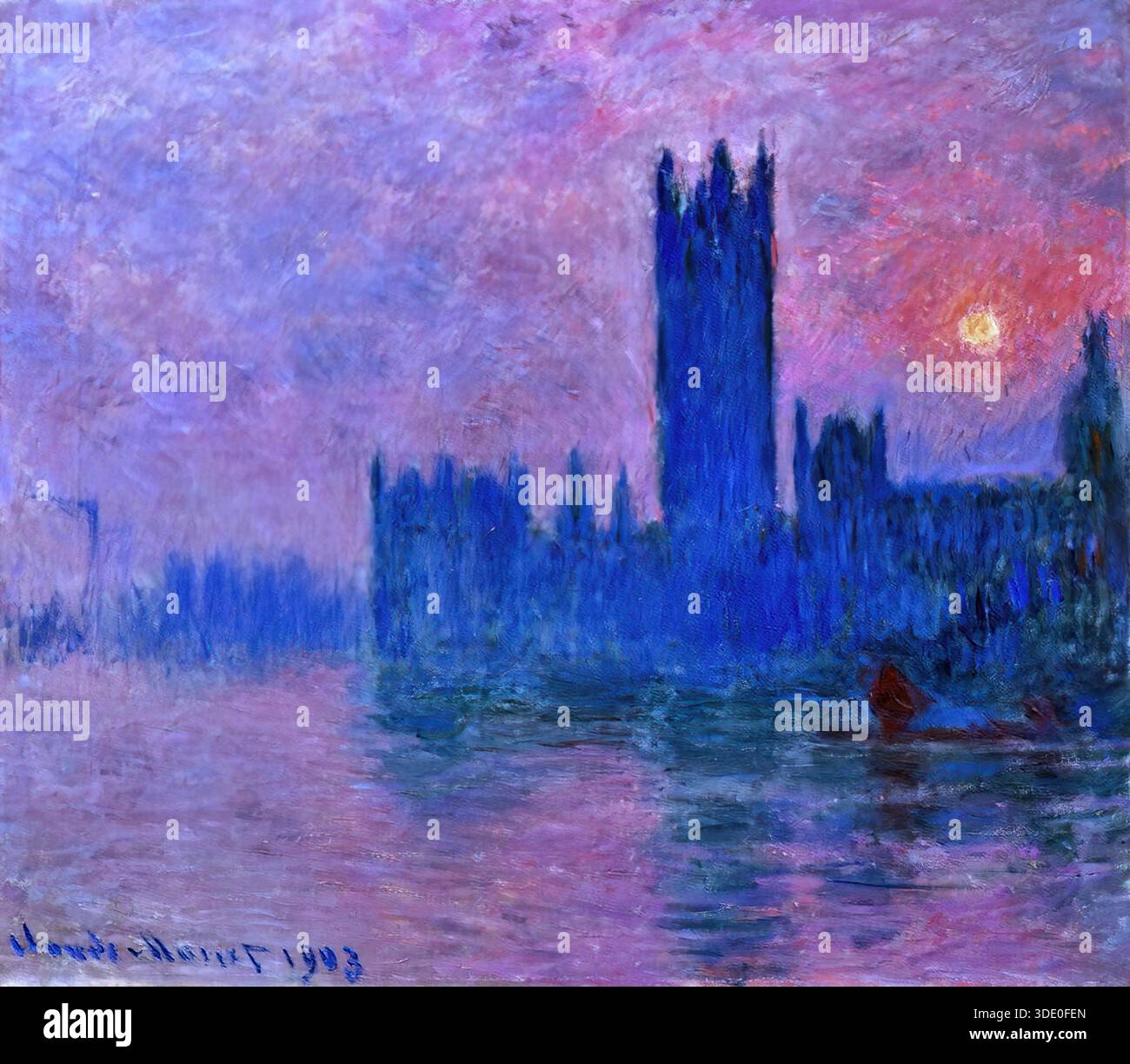 Parlamento che tramonta la domenica, c.19001903, Claude Monet, il tramonto impressionista di Londra. Illustrazione Vettoriale
