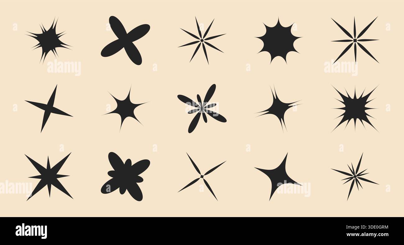 Set Y2K stile classico e scintillante con forme geometriche nere minimaliste per un design elegante y2k. Illustrazione Vettoriale