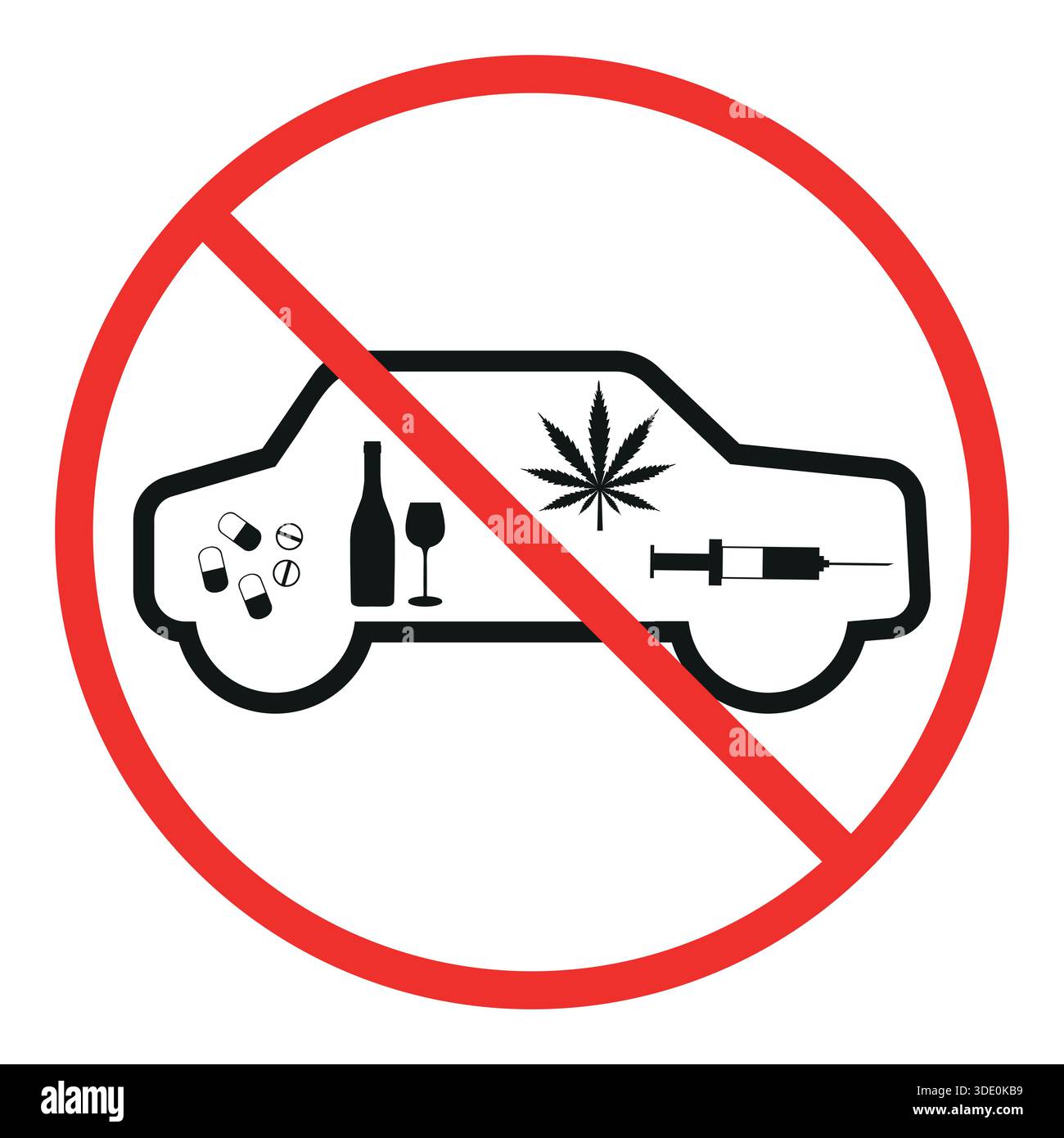 firma vietato alcol e droghe durante la guida di alcol in rosso barrato fuori cerchio Illustrazione Vettoriale