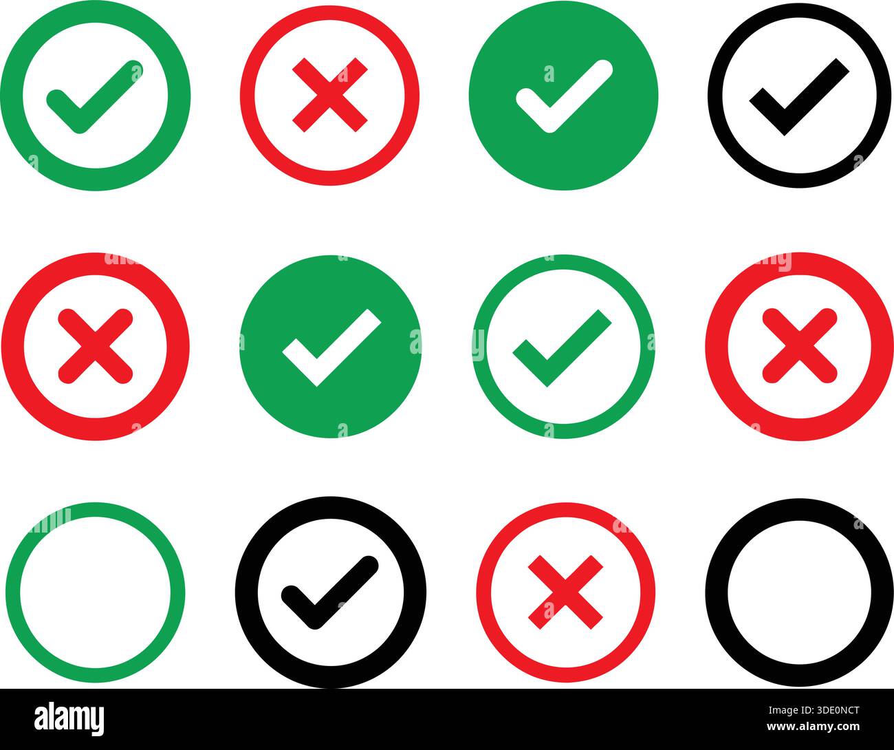 Griglia di segni di spunta e croci in vari colori isolata su sfondo bianco Illustrazione Vettoriale