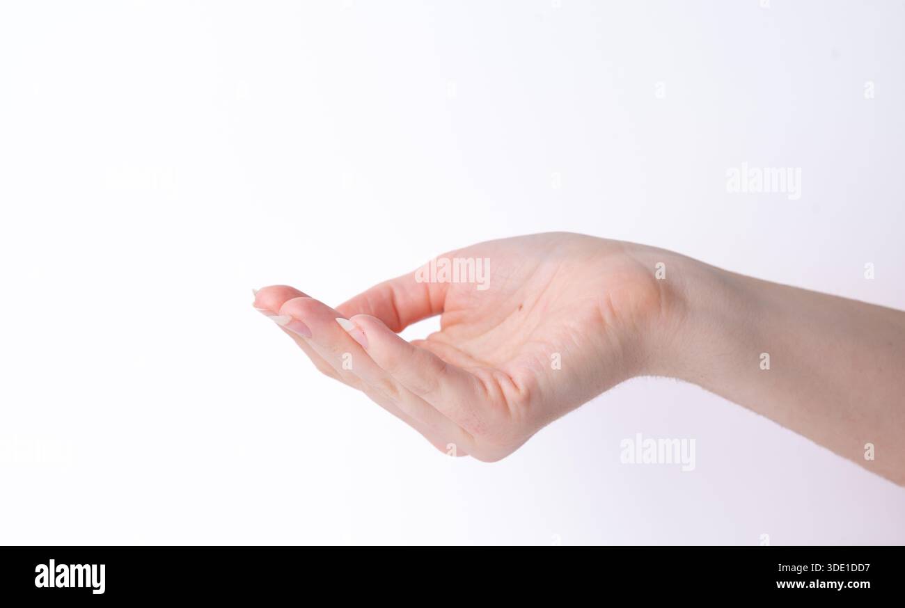 Mano aperta allungata con un gesto su sfondo bianco. Foto Stock