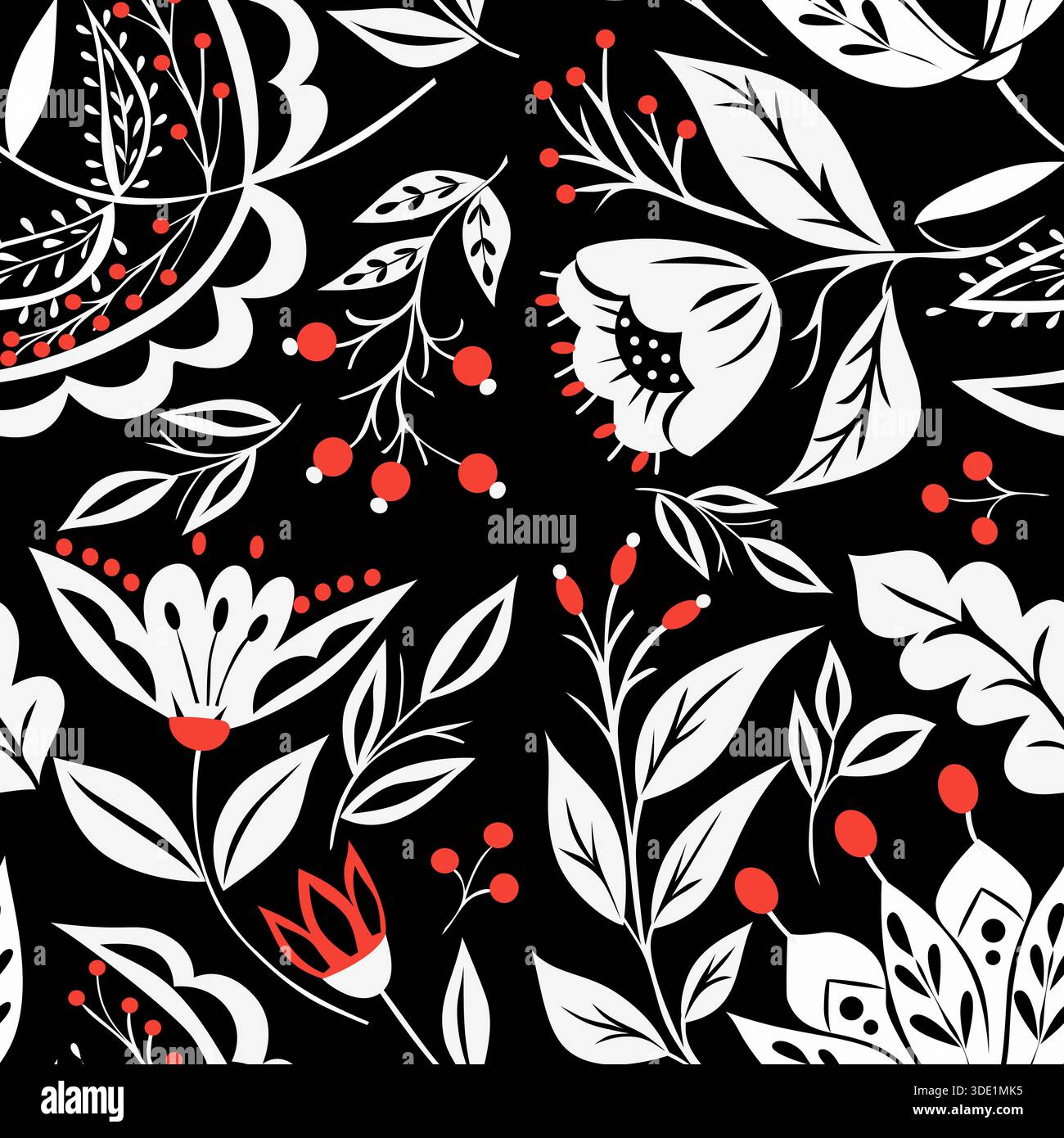Motivo floreale gotico. Motivo floreale senza cuciture Vector folk art. Piccoli fiori bianchi, ramoscelli, foglie e bacche rosse su sfondo nero. Illustrazione Vettoriale