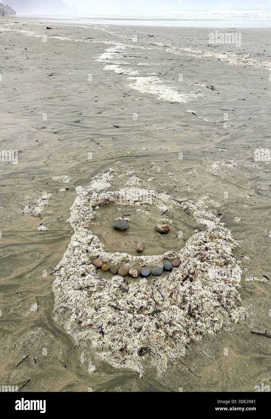 Un Babbo Natale barbuto fatto di rocce e detriti dall'oceano su una spiaggia dell'Oregon. Foto Stock