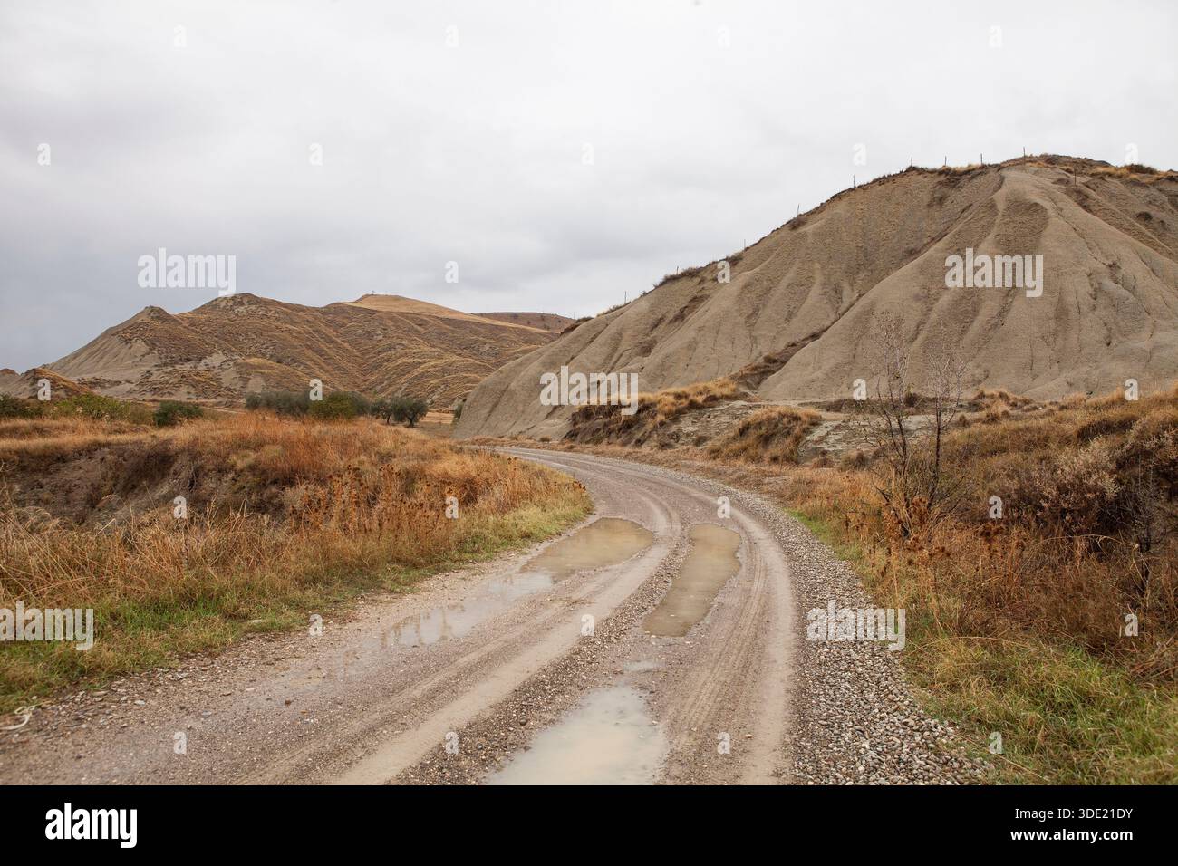 Calanchi sono "calanchi" unici in Basilicata, Italia, formati dall'erosione dell'argilla bianca; una strada che in autunno si snoda attraverso la zona del Teatro dei calanchi. Foto Stock