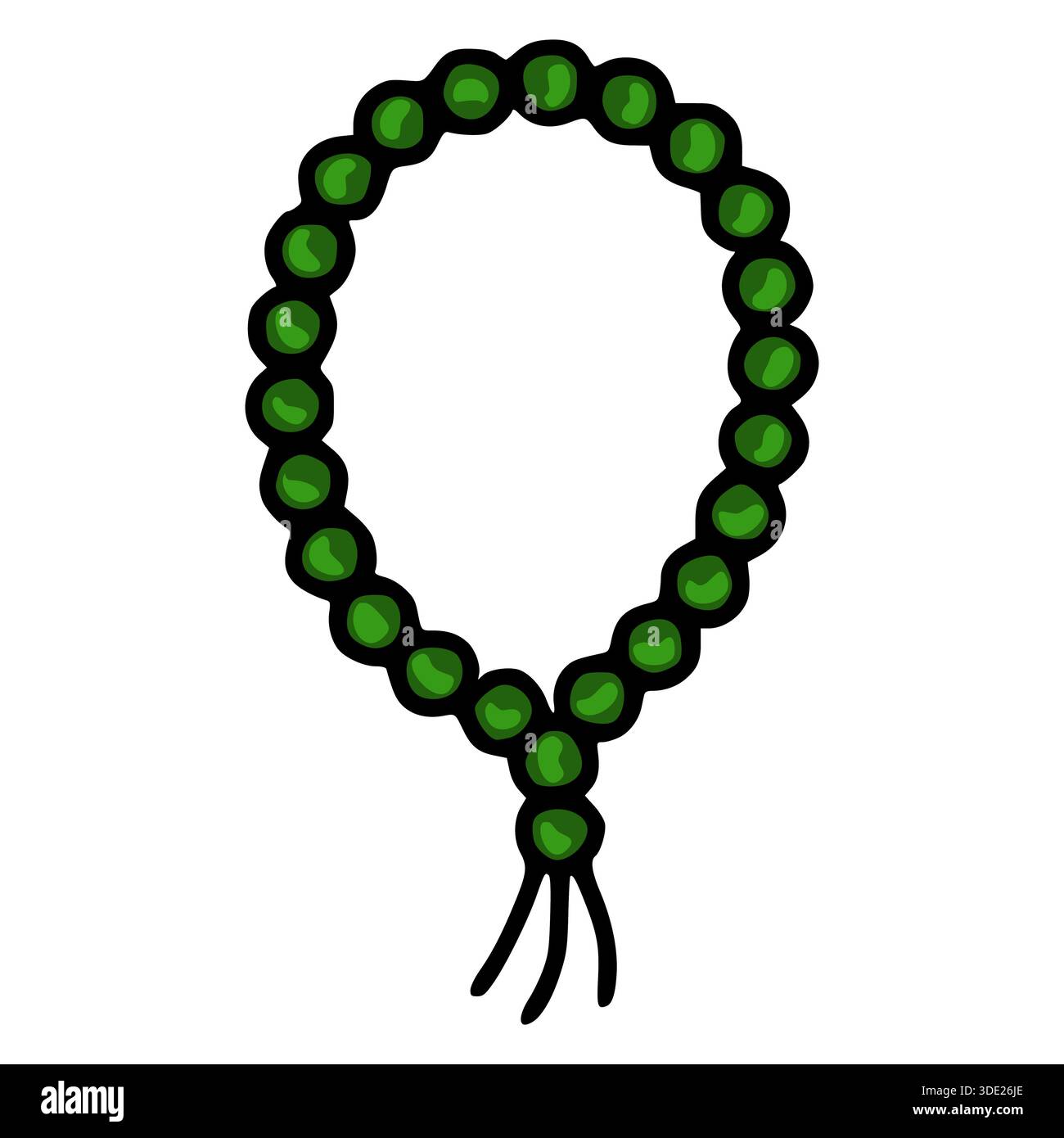Una semplice illustrazione vettoriale stilizzata di perline di preghiera verdi con un contorno nero e una nappina, adatta a scopi religiosi o decorativi. Illustrazione Vettoriale