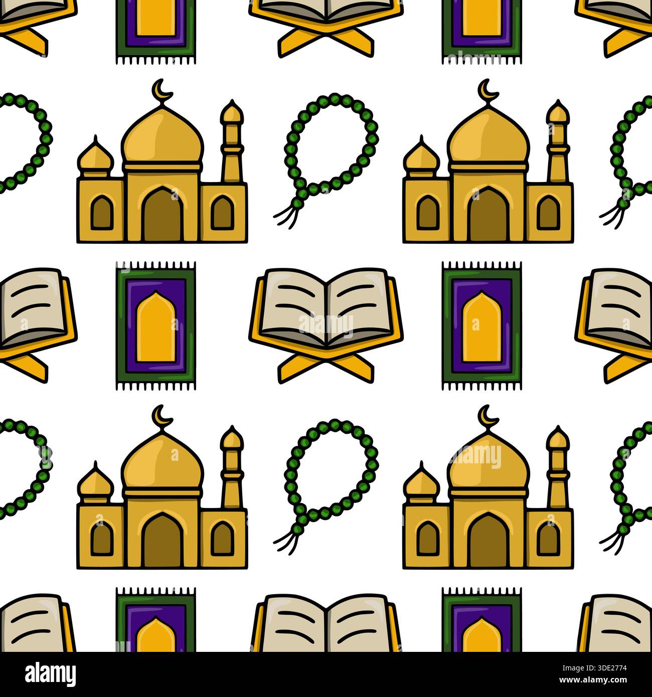 Motivo vettoriale senza cuciture con simboli religiosi islamici come moschee, tappeti di preghiera e il Corano, reso in un affascinante stile di cartoni animati piatto con una Illustrazione Vettoriale