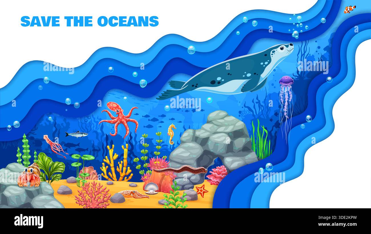 Salva lo striscione tagliato in carta oceanica con animali marini e pesci, paesaggio sottomarino vettoriale. Salva la natura dell'oceano e proteggi lo striscione dell'ambiente marino con polpi, foche e granchi in onde d'acqua tagliate in carta Illustrazione Vettoriale