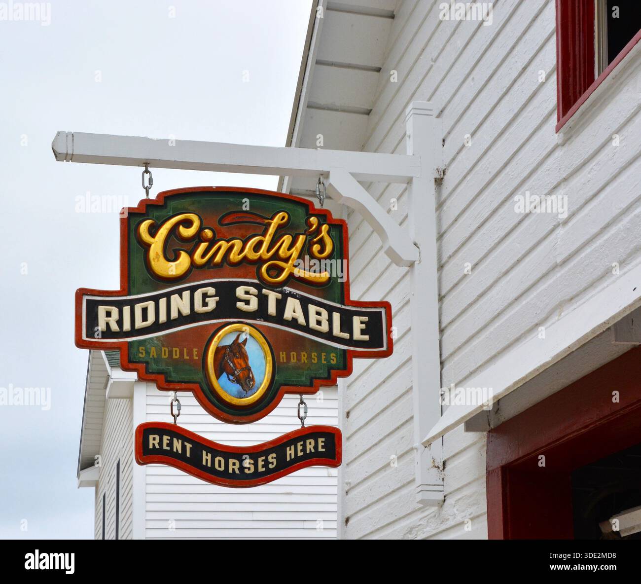 Cindy's Riding Stable segno storico sull'isola di Mackinac Foto Stock