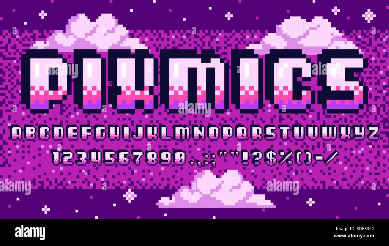 Font pixel art, alfabeto di gioco a 8 bit retrò. Caratteri digitali, numeri e segni di punteggiatura del vecchio computer sullo sfondo vettoriale dello spazio di gioco arcade retrò, cielo viola e nuvole Illustrazione Vettoriale