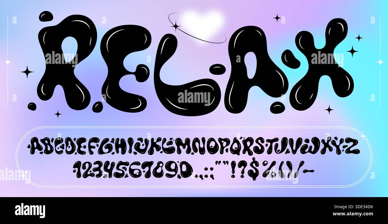 Carattere a bolle d'inchiostro nero liquido, carattere ondulato 3d funky y2k, alfabeto astratto su sfondo da sogno a gradiente pastello. Tipo hippy trippy psichedelico vettoriale, lettere abc retrò, numeri, simboli Illustrazione Vettoriale
