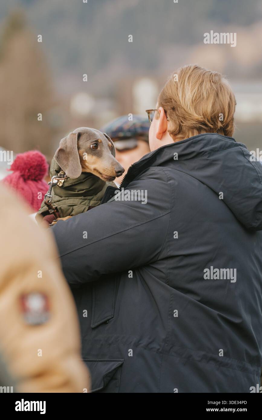 Persona che tiene in mano un piccolo cane da diporto che indossa un cappotto verde oliva mentre si trova all'aperto Foto Stock