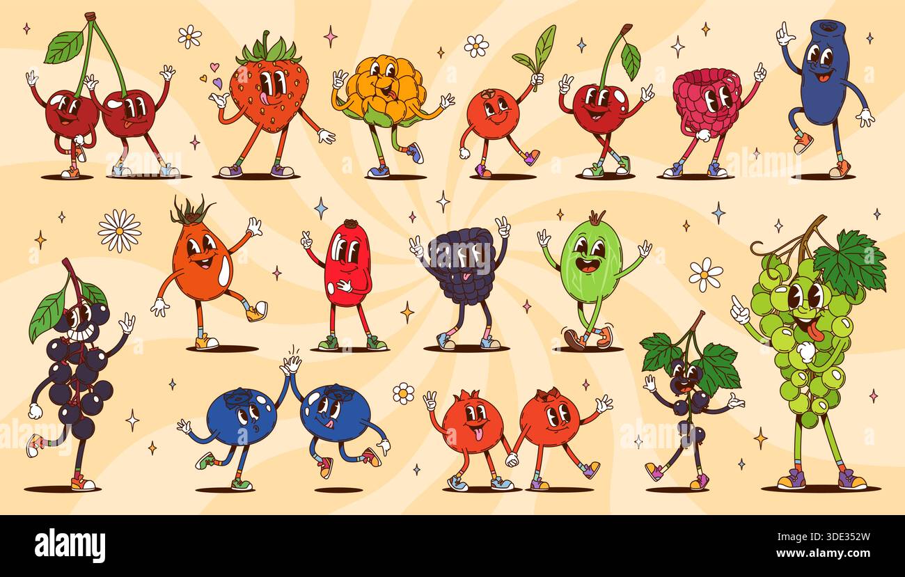 Personaggi di fragole hippie. Cartoni animati: Fragola, lampone ciliegia e mirtillo. Ribes nero, mirtillo, mora o uva spina, uva verde e rosehip ballano e sorridono in un'atmosfera retrò divertente Illustrazione Vettoriale