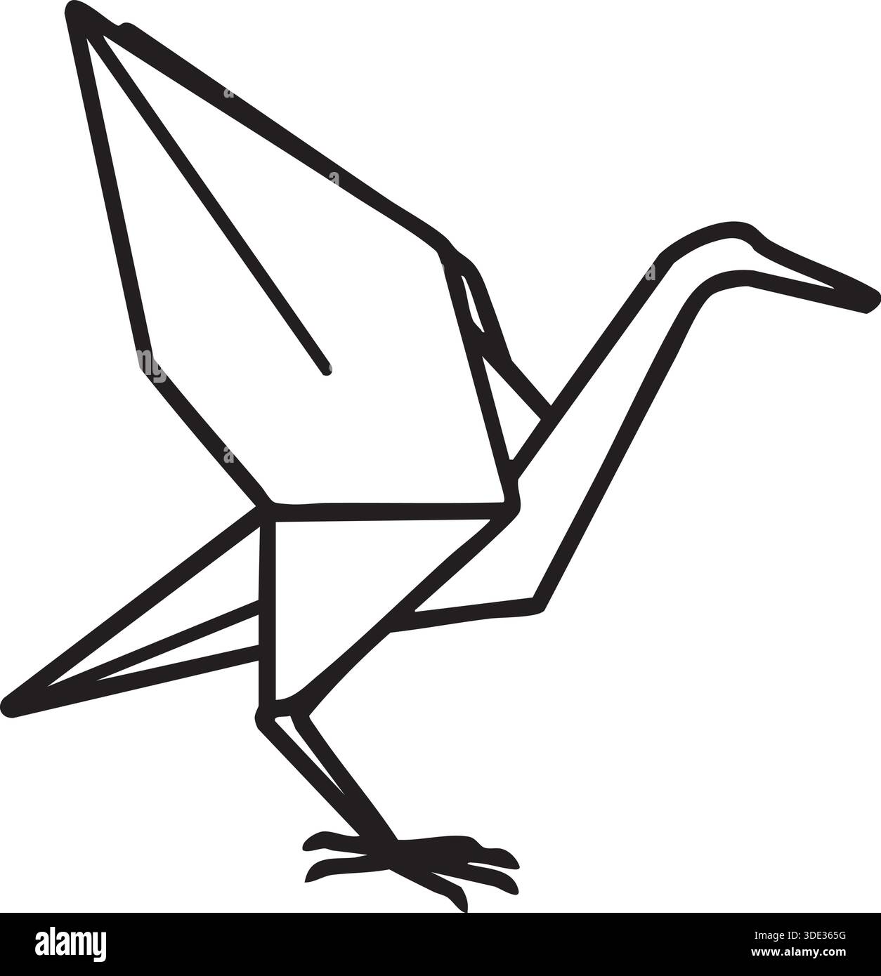 Un disegno con linea nera di una gru per carta piegata con ali angolari e coda su sfondo bianco. Illustrazione Vettoriale