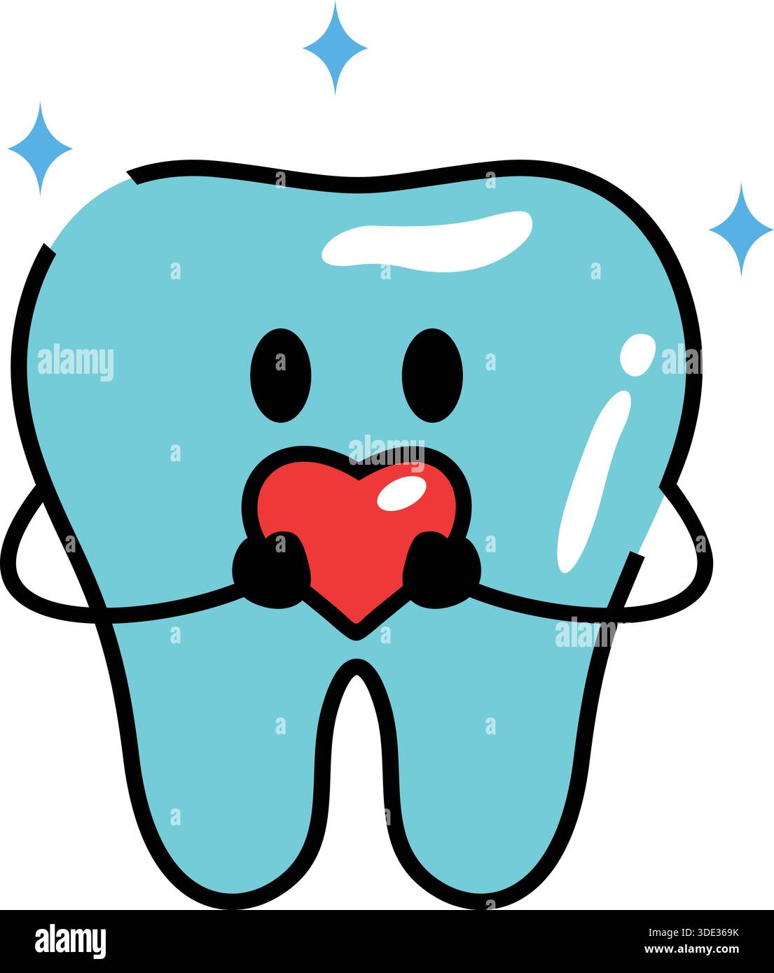 Simpatica mascotte con dente blu Cartoon e cuore rosso per la cura dentale Illustrazione Vettoriale