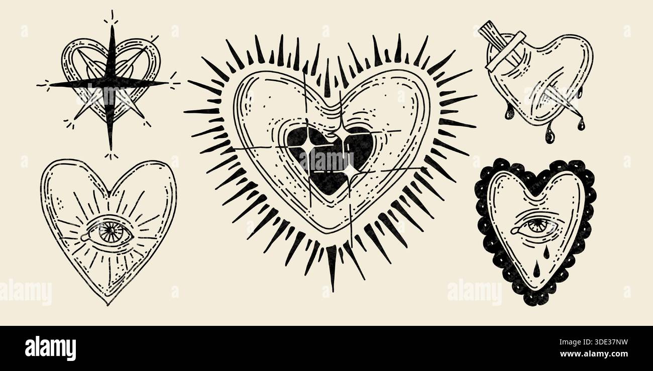 Tatuaggio messicano con cuore isolato su bianco. Illustrazione vettoriale di icone nere del cuore sacro disegnate a mano con stella, occhio pianto, pugnale sanguinoso, spine, adesivi spirituali gotici, simbolo d'amore tradizionale Illustrazione Vettoriale