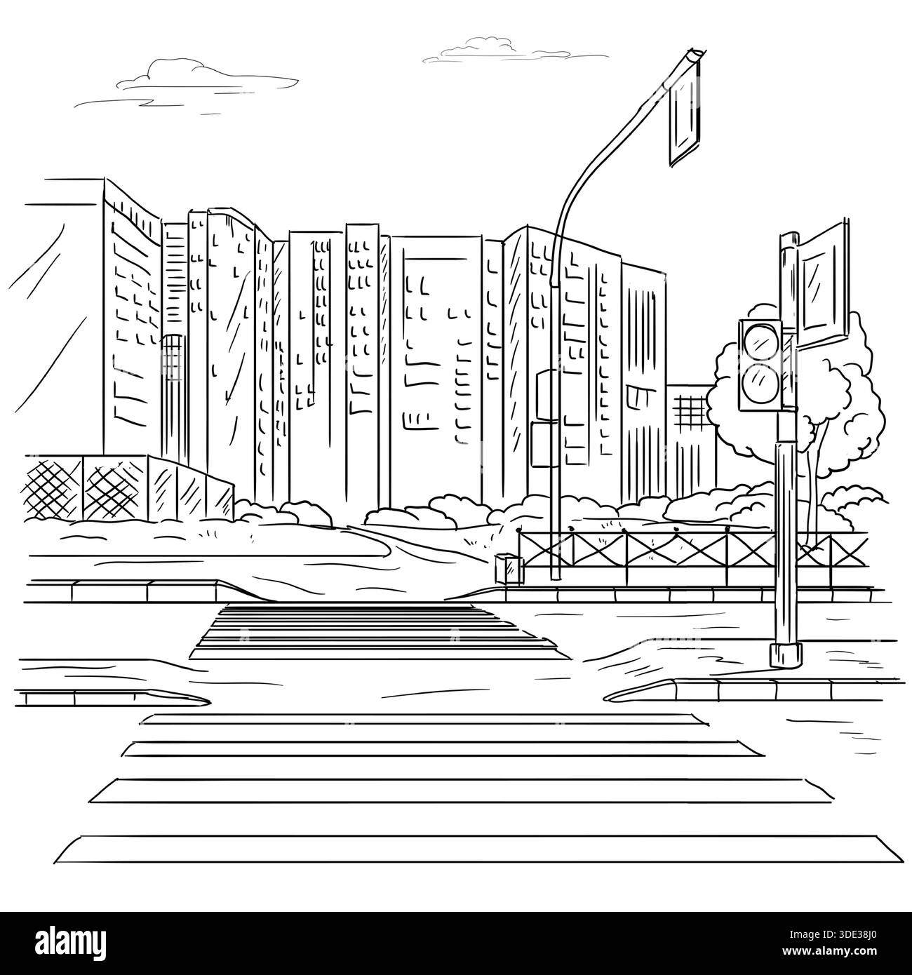 Attraversamento pedonale in città, schizzo in bianco e nero. Illustrazione vettoriale. Semafori e segnali stradali, sagoma di edifici a più piani. Città Illustrazione Vettoriale