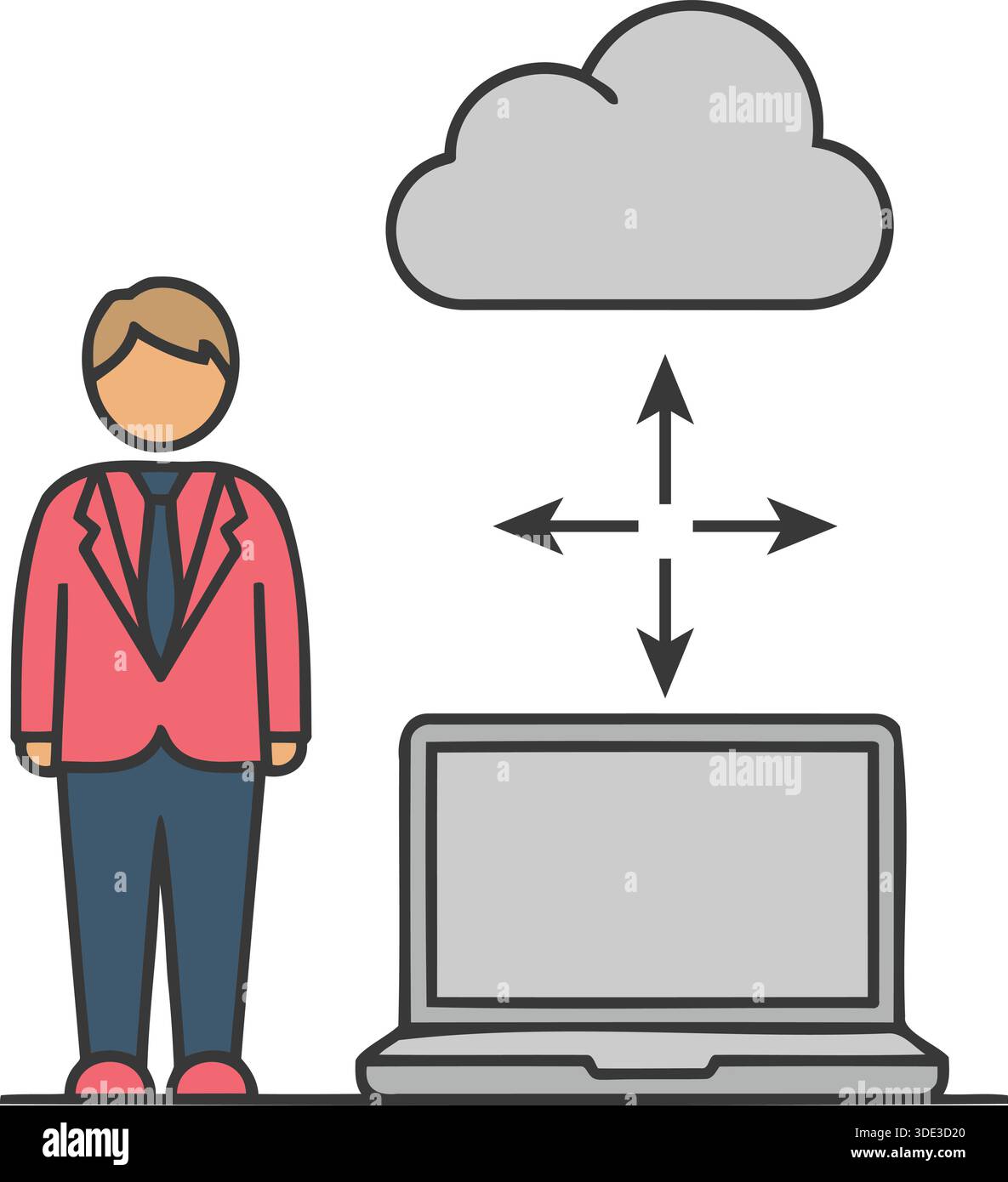 Un uomo si trova accanto a un notebook con lo scambio di dati sul cloud. Viene illustrato il cloud computing e il trasferimento dei dati. Illustrazione Vettoriale
