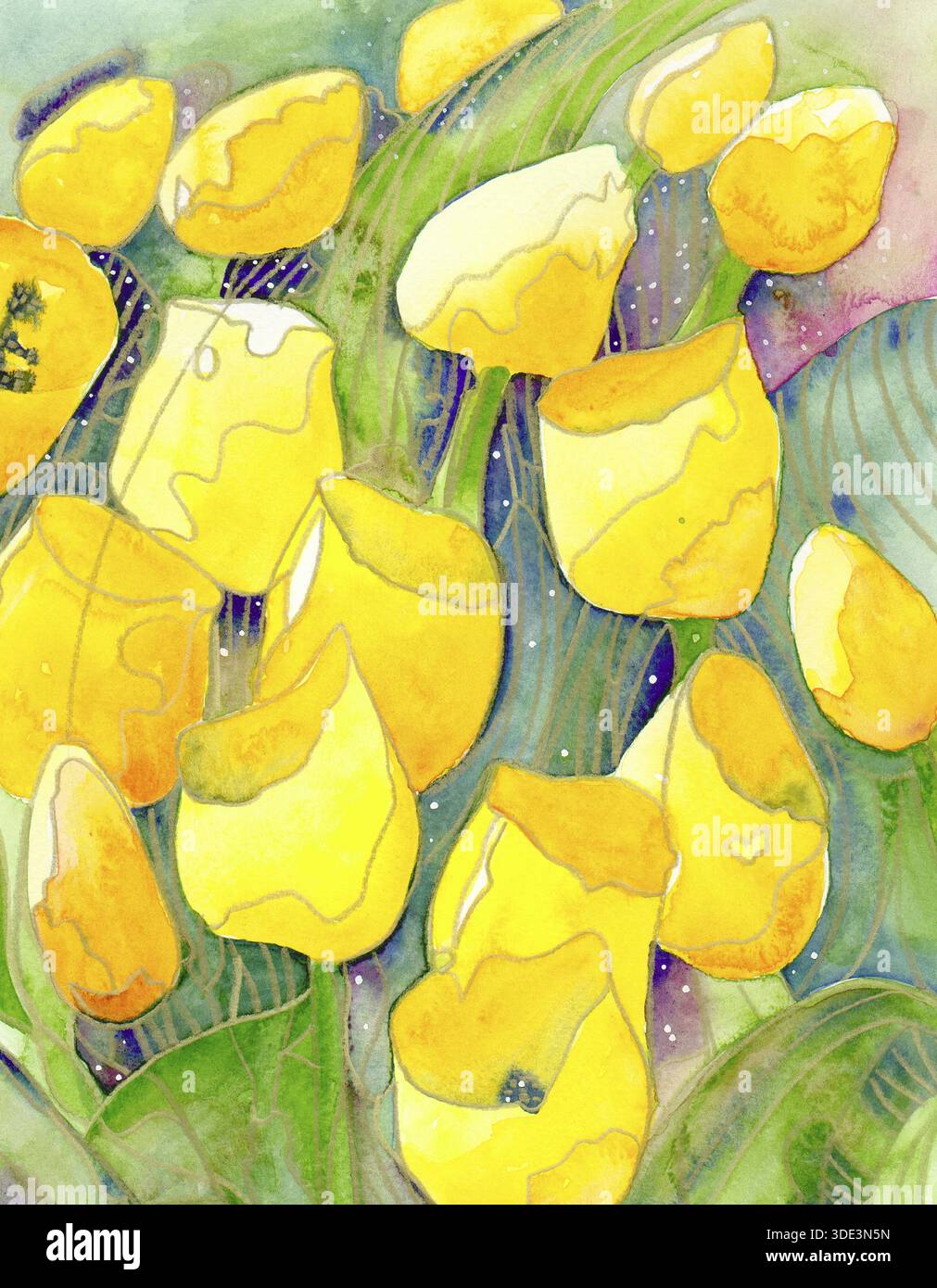 Tulipani gialli e cieli stellati astratti dipinti ad acquerello fantasia Foto Stock