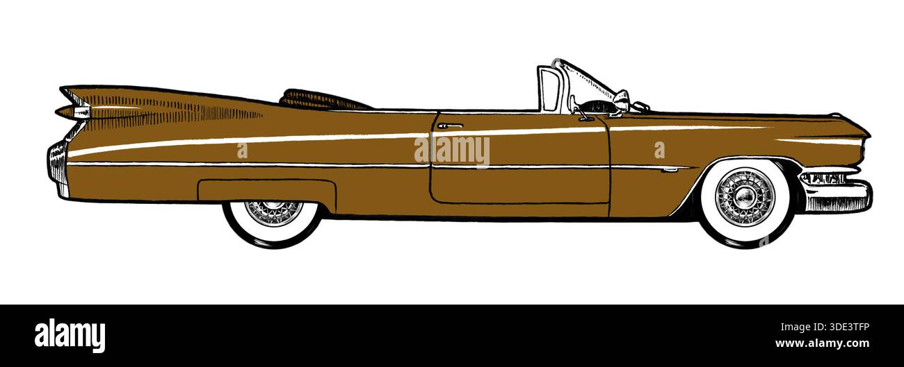 Autentica auto d'epoca retro marrone del 1959 isolata su sfondo bianco. Illustrazione in stile cartone animato con pittura digitale Foto Stock
