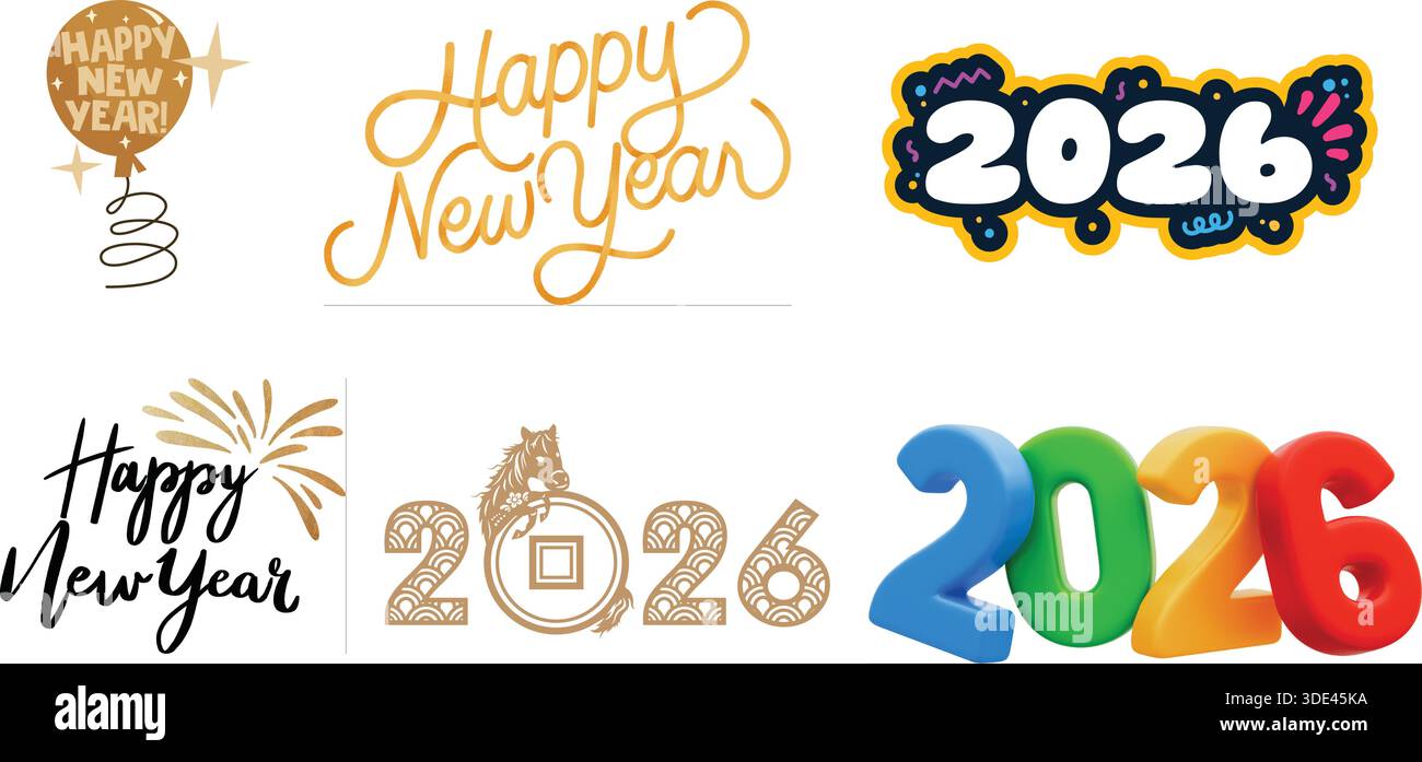 Una vivace collezione di grafica celebrativa e disegni tipografici artistici che illustrano il prossimo anno 2026 per gli eventi di Capodanno. Illustrazione Vettoriale