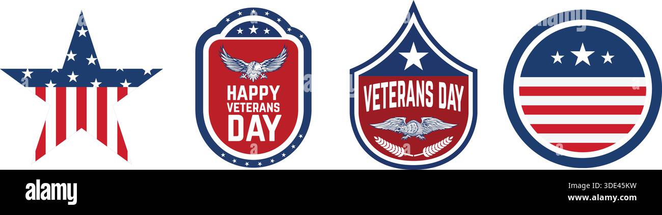 Una collezione di quattro emblemi patriottici con stelle, strisce, aquile e testo che celebrano la giornata dei veterani e onorano i membri del servizio Illustrazione Vettoriale