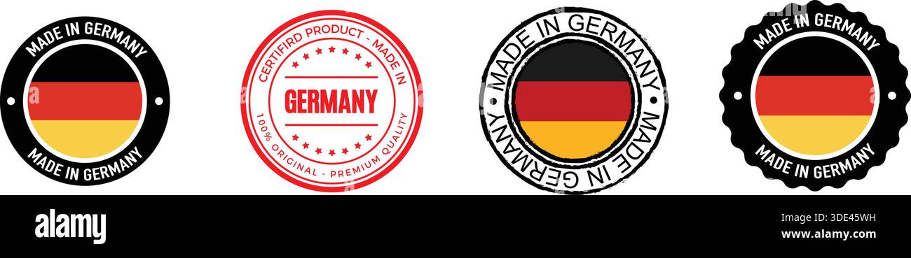 Collezione di emblemi e sigilli "Made in Germany" con gli iconici colori nero, rosso e oro della bandiera tedesca per garantire la qualità Illustrazione Vettoriale