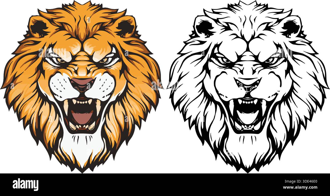 Feroce e ruggenti figure con testa di leone che mostrano un'aggressiva criniera stilizzata, disponibile sia a colori che con audaci disegni vettoriali in bianco e nero Illustrazione Vettoriale