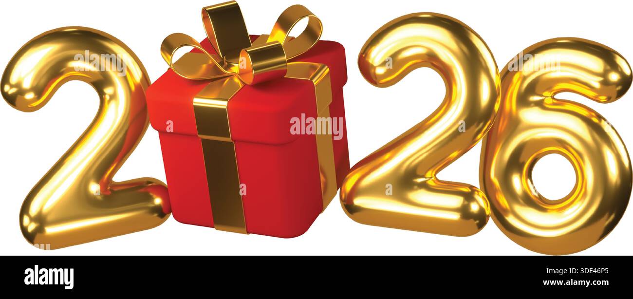 I numeri dei palloncini dorati che rappresentano l'anno 2026 affiancano una confezione regalo rossa festosa legata a un lussuoso fiocco dorato. Illustrazione Vettoriale