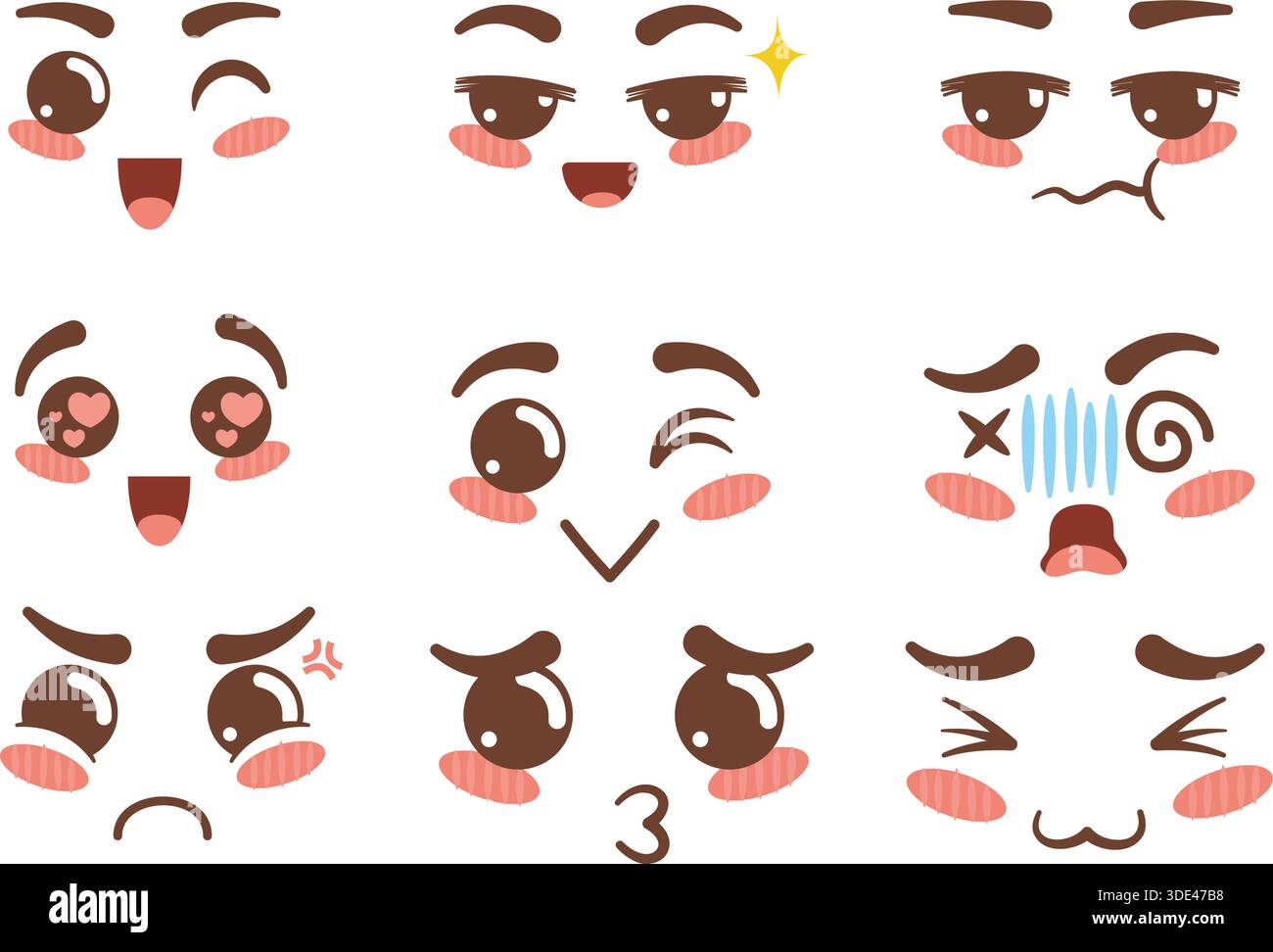 Collezione di espressioni facciali in stile kawaii anime espressive che mostrano emozioni diverse come gioia, sorpresa, confusione, amore, rabbia, ed eccitazione Illustrazione Vettoriale