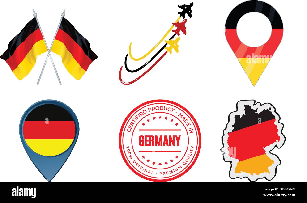 Simboli nazionali e icone della Germania con bandiere, mappa ed emblemi Illustrazione Vettoriale
