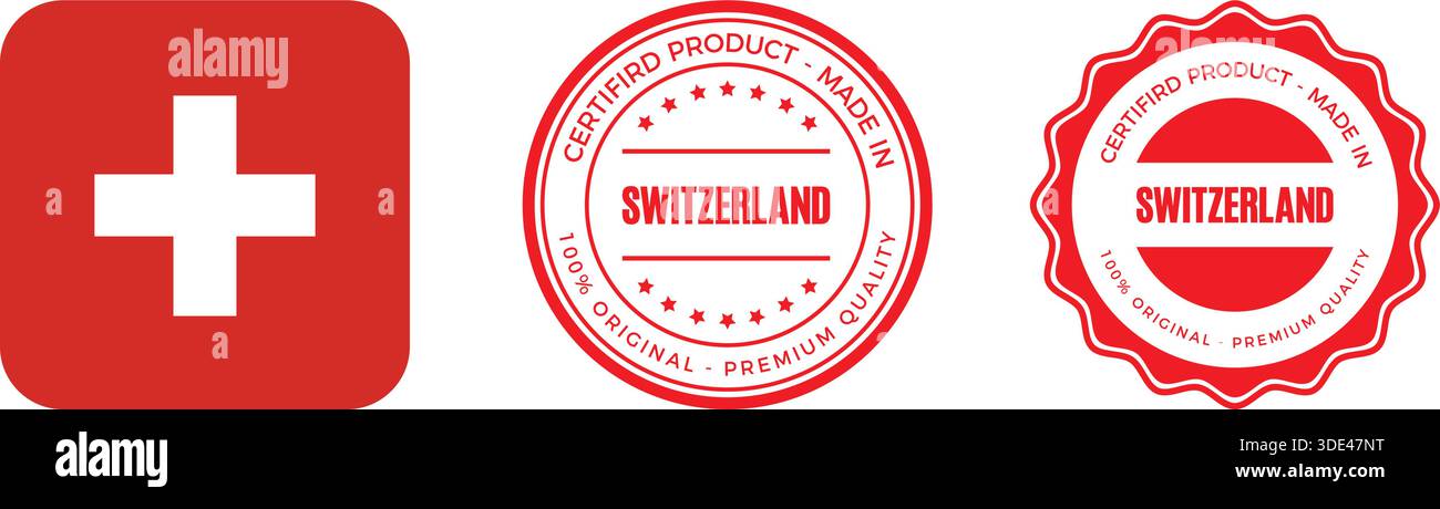 Etichette di certificazione di qualità svizzere e logo su sfondo nero Illustrazione Vettoriale