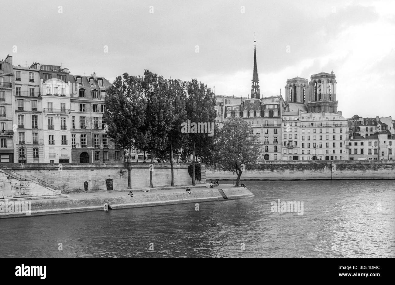 Archivio anni '1990 in bianco e nero foto di vista sull'Île Saint-Louis a sinistra delle torri di Notre dame sull'Île de la Cité. Visto da Voie Georges Pompidou Foto Stock