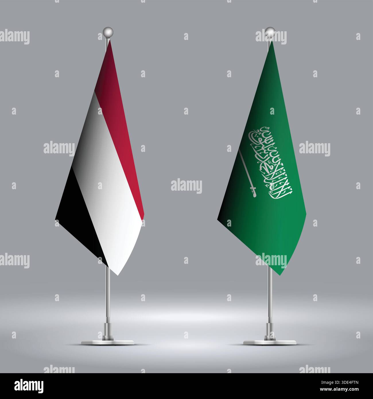 Due bandiere in piedi che rappresentano lo Yemen contro l'Arabia Saudita con bandiere sui corpi Illustrazione Vettoriale